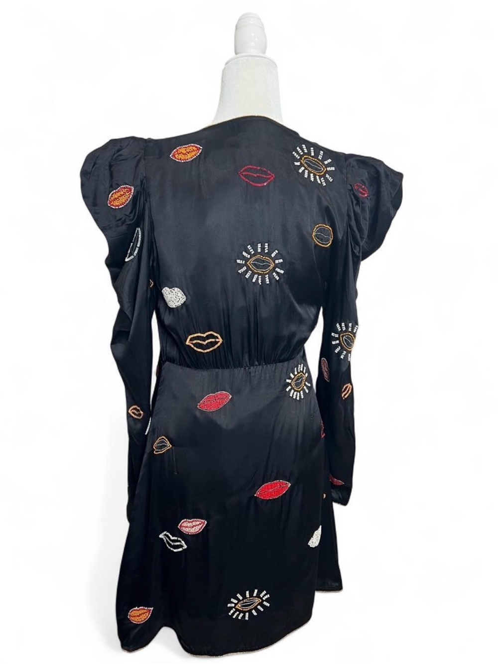 NWT FARM Rio Beaded Kisses wrap minidress in black - Picture 6 of 11